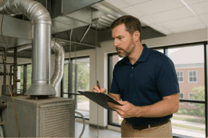 Certified commercial building inspector in Fayetteville AR reviewing HVAC system inside an office complex.