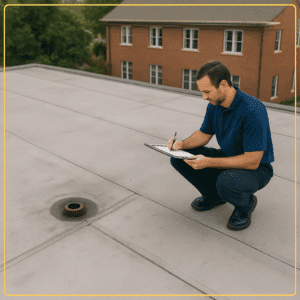 Drone view of flat roof during Commercial Building Inspection Bentonville showing drainage points and membrane seams.