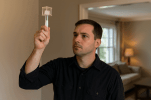 Certified mold inspector collecting indoor air sample in Fayetteville AR living room