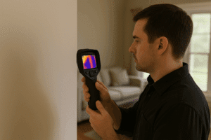 Thermal image showing hidden moisture behind drywall during Mold Testing Bentonville