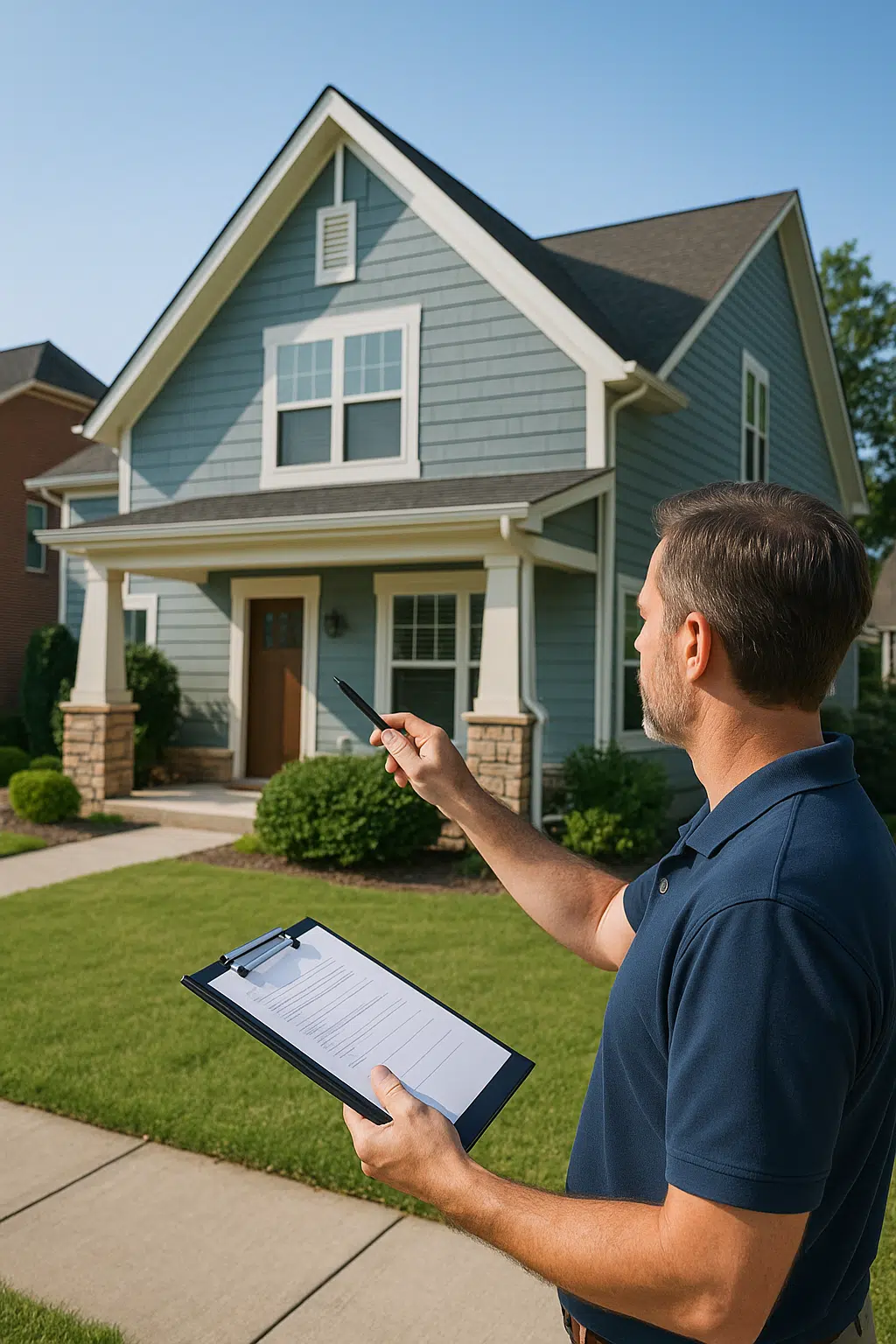 Home inspector with a clipboard examining a Fayetteville, AR house exterior in soft sunlight.