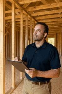 Certified inspector reviewing framing during a new construction inspection in Fayetteville, AR.