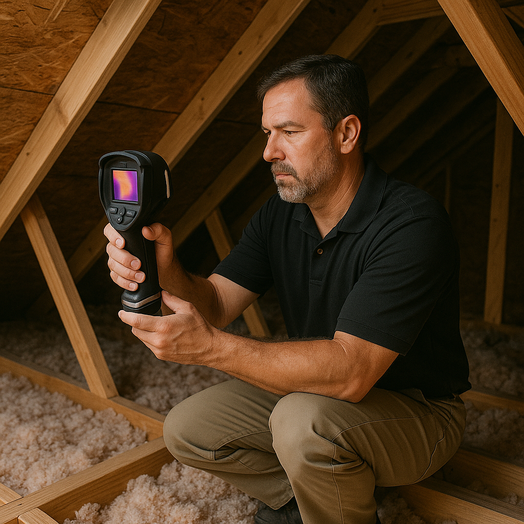 Fayetteville AR home inspector conducting thermal scan in attic.