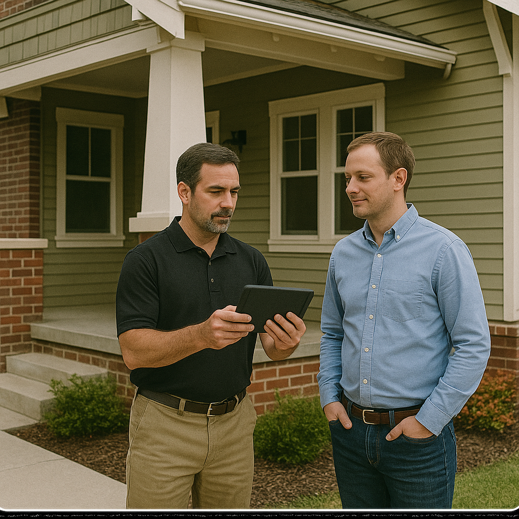 Home inspection review with client in Fayetteville AR neighborhood