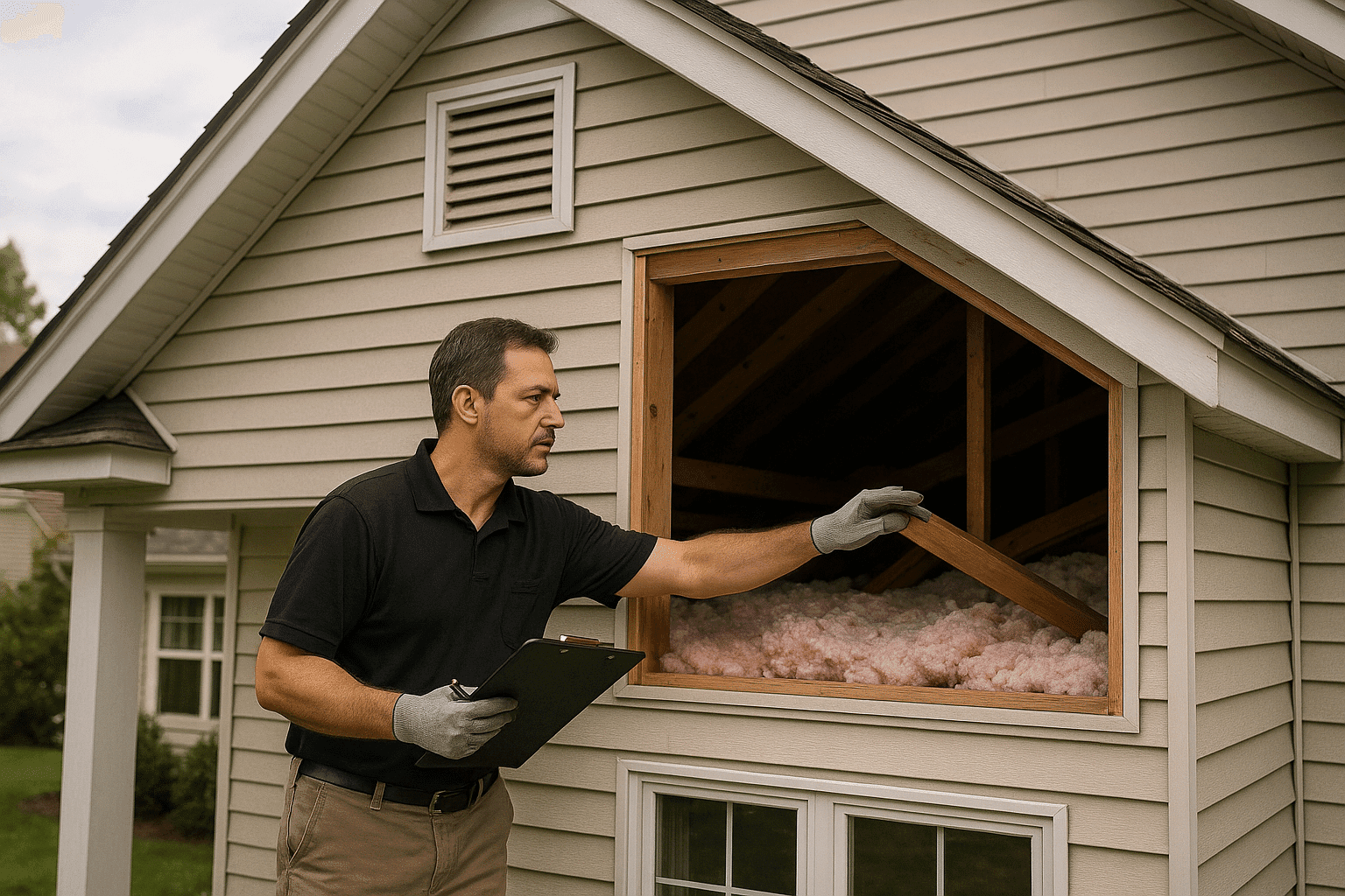 Lowell AR home inspector performing attic inspection.