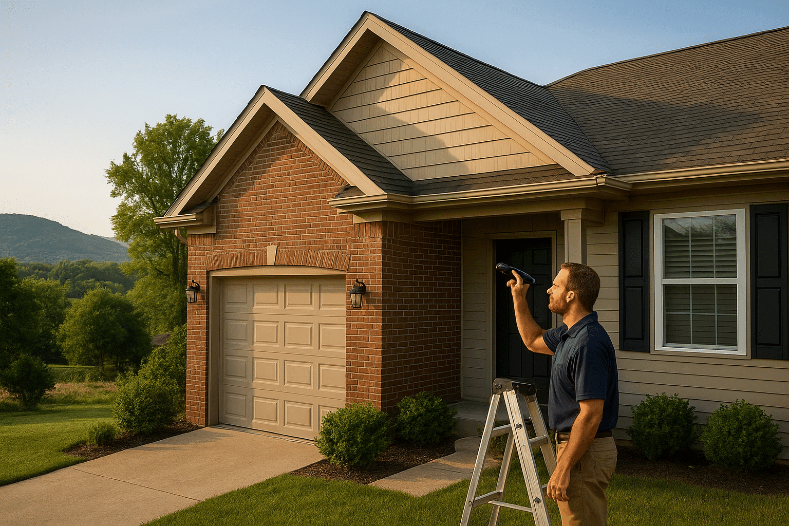 Home inspector inspecting the roof of a home in Springdale, AR, with the Ozark Mountains in the background during late afternoon